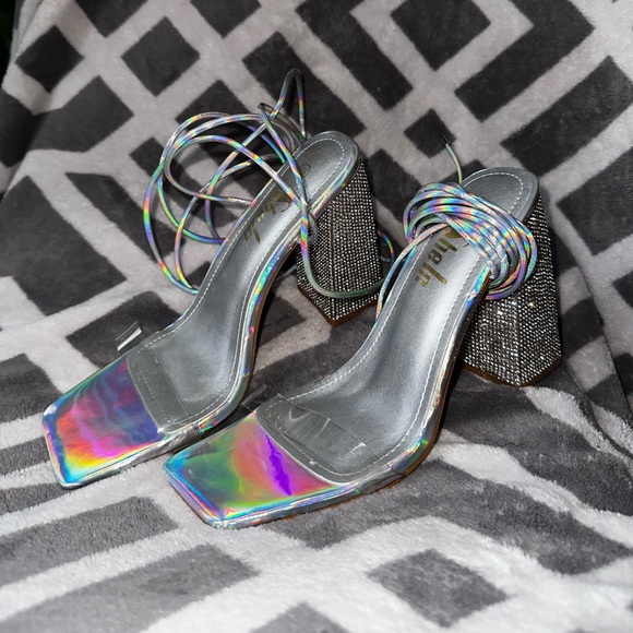 Jeweled Detail PVC Strap Tie Up Chunky Heels - Picture 1 of 2